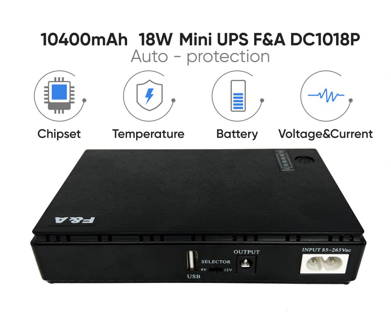 Джерело безперебійного живлення F&A Mini DC UPS DC1018 (10400 мАг) Джерело безперебійного живлення F&A Mini DC UPS DC1018 (10400 мАг)